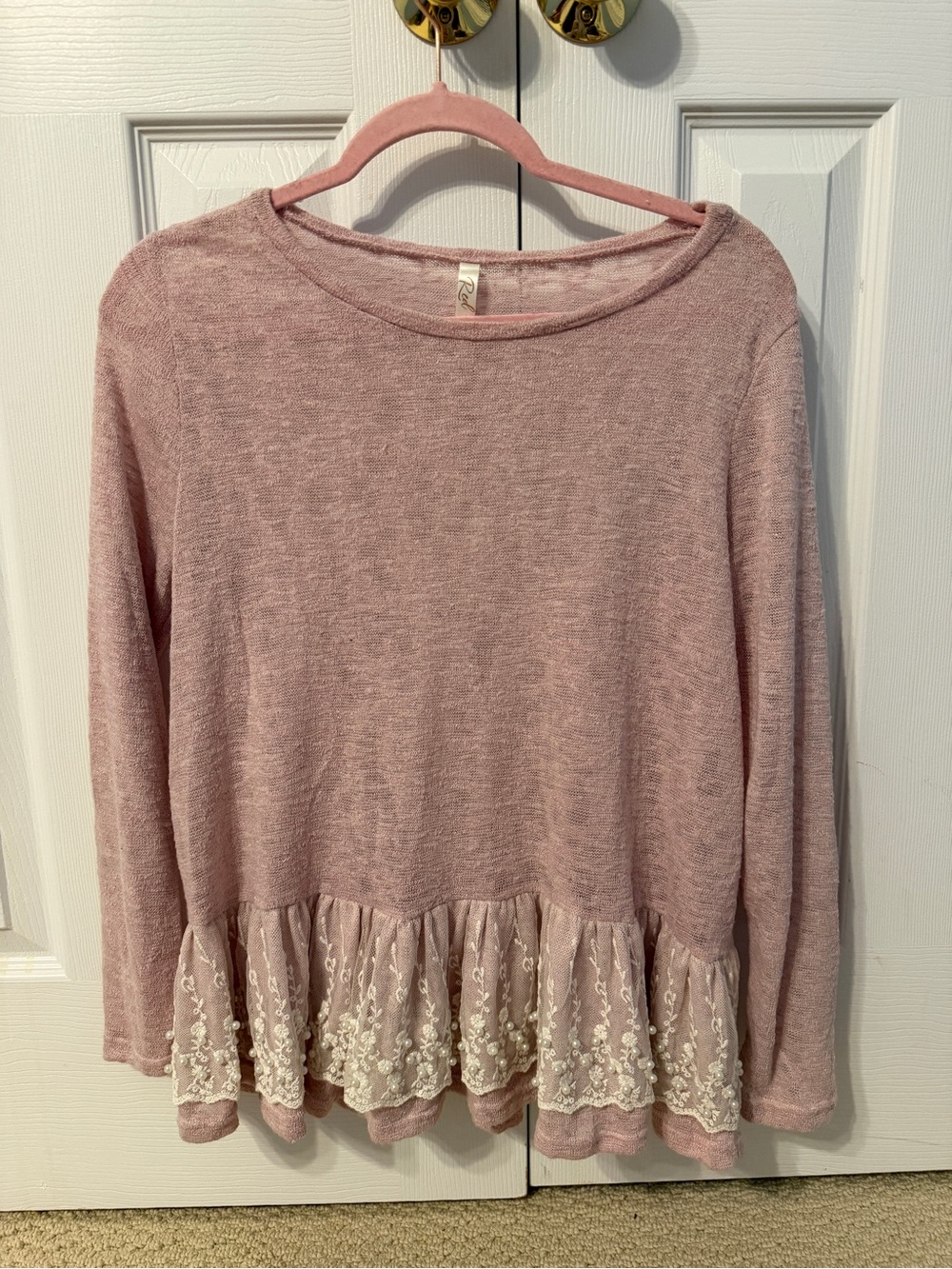 Layered Lace and Pearl Hem Long-Sleeve Top - Dusty Pink